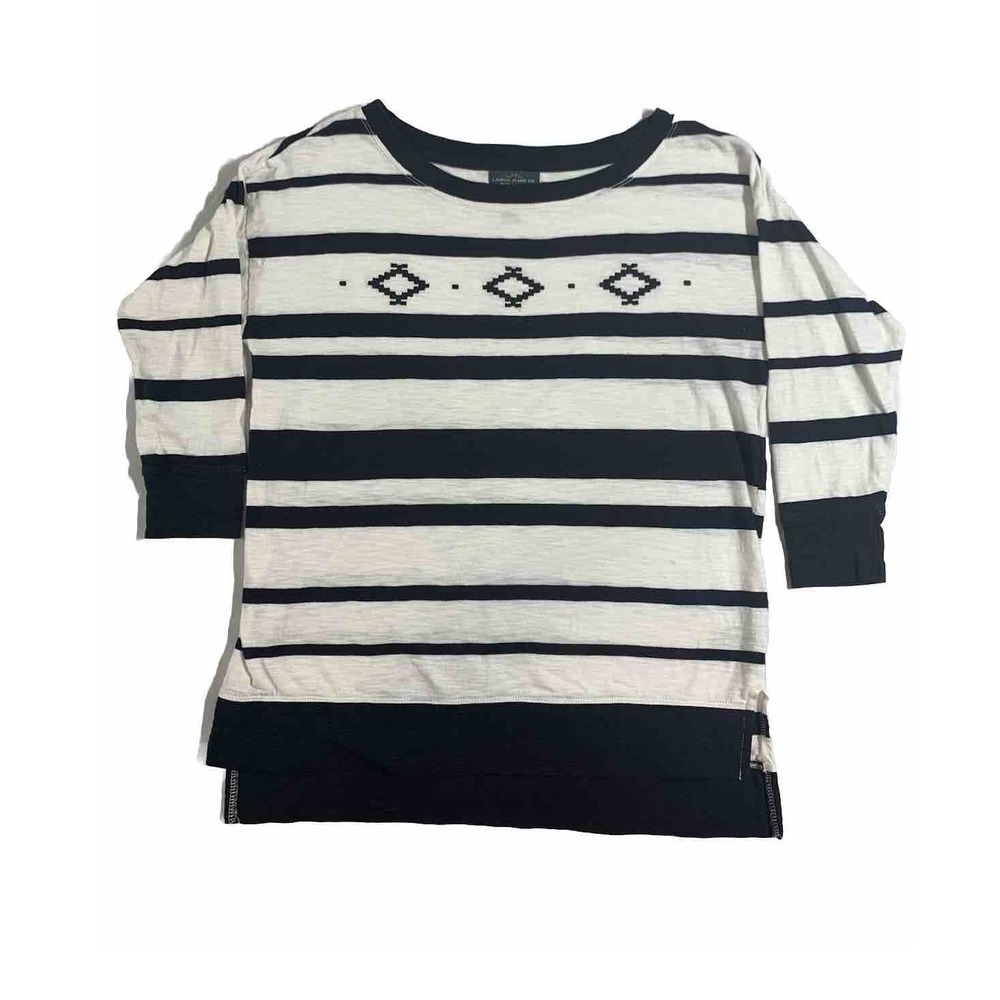 Lauren Ralph Lauren Striped Top Women M Black White Cotton Geometric Aztec‎